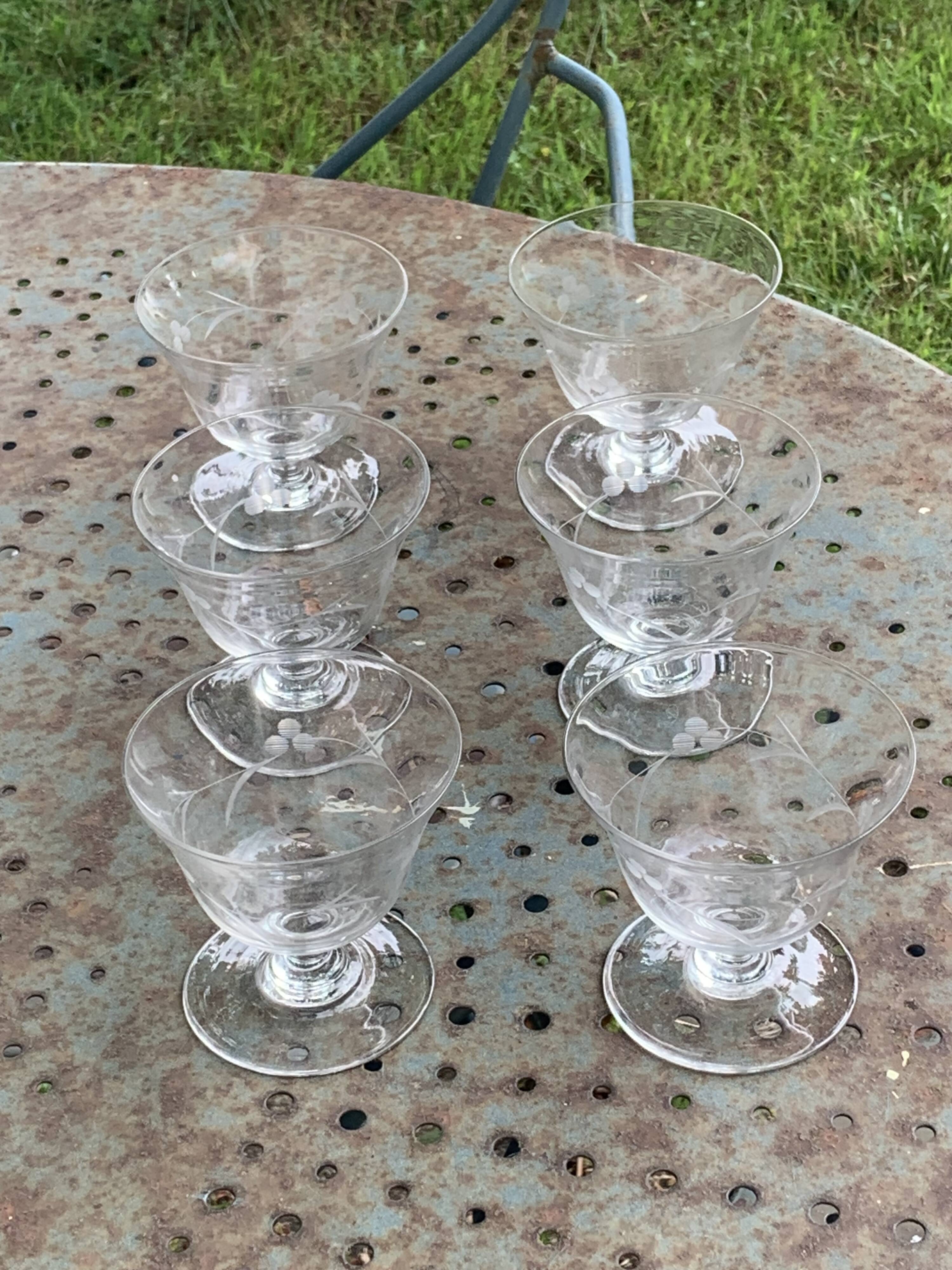 6 antique champagne glasses, chiseled floral motif, collector's item