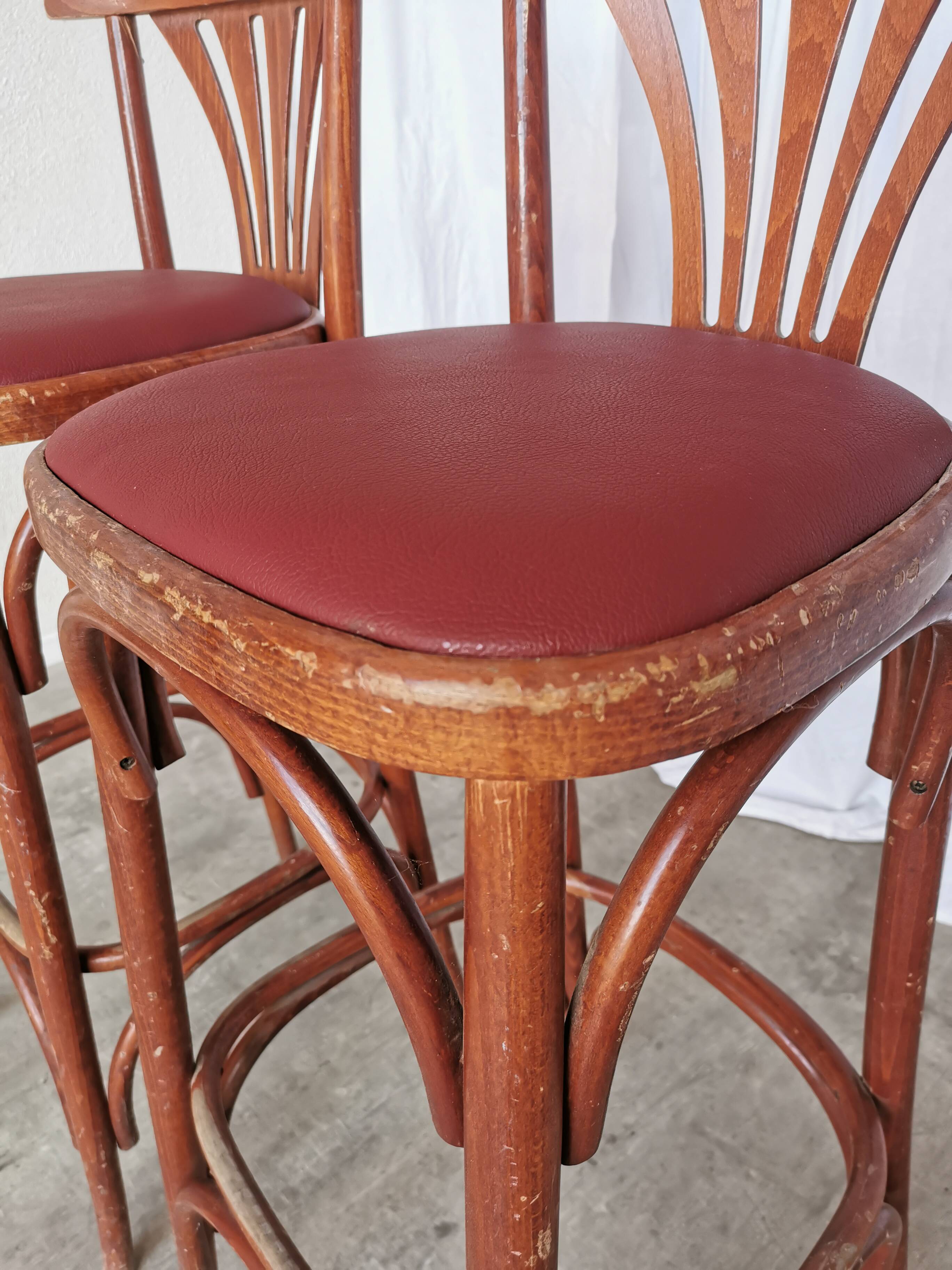 Mid-Century Thonet Style Bar Stools: Red Faux Leather Seat, Set of 2