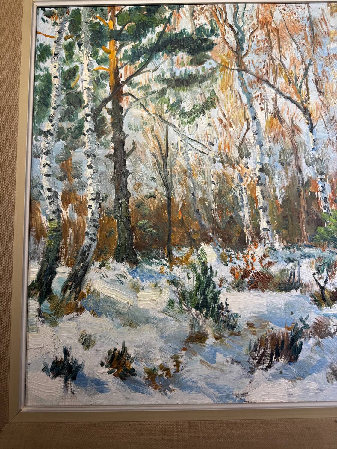 Antique painting, landscape under the snow, signed Fallet 1967