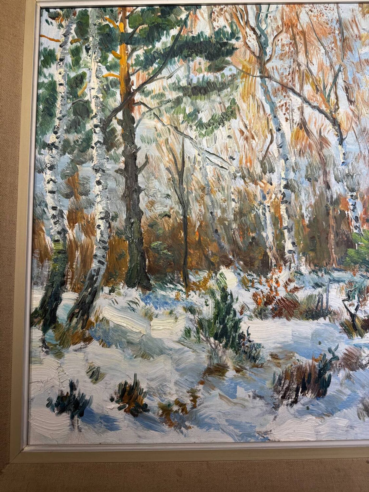 Antique painting, landscape under the snow, signed Fallet 1967