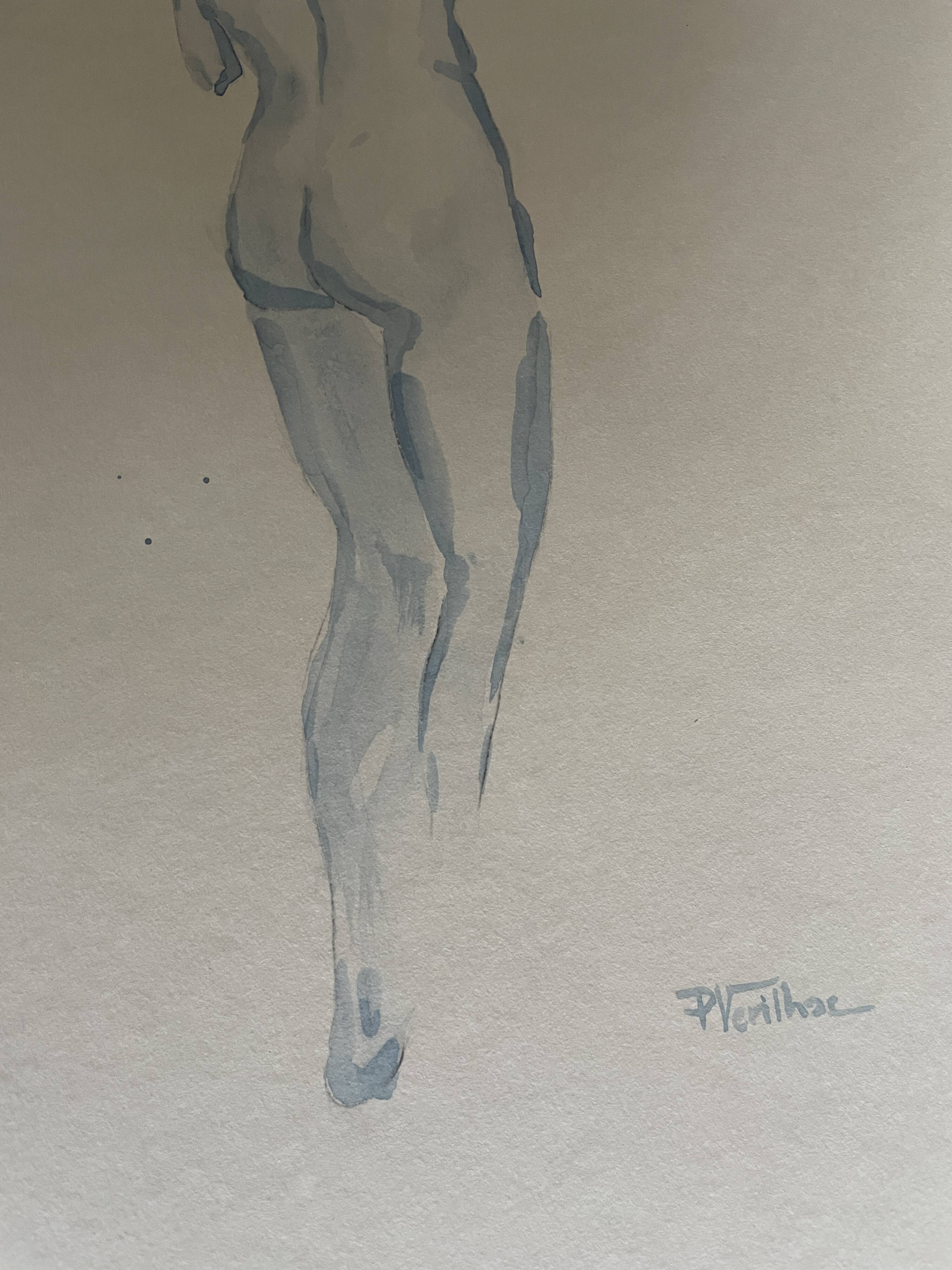 Blue watercolor painting signed female nude