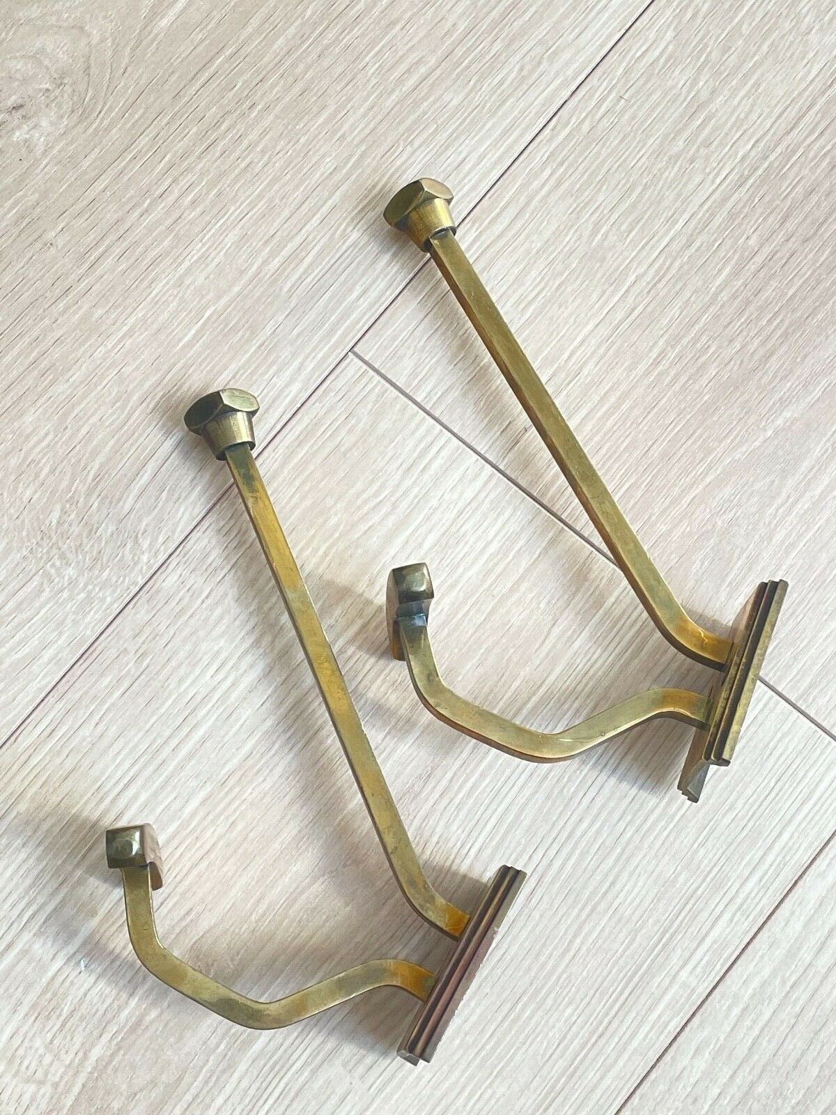 Pair of old brass hook metal gold art deco coat holder