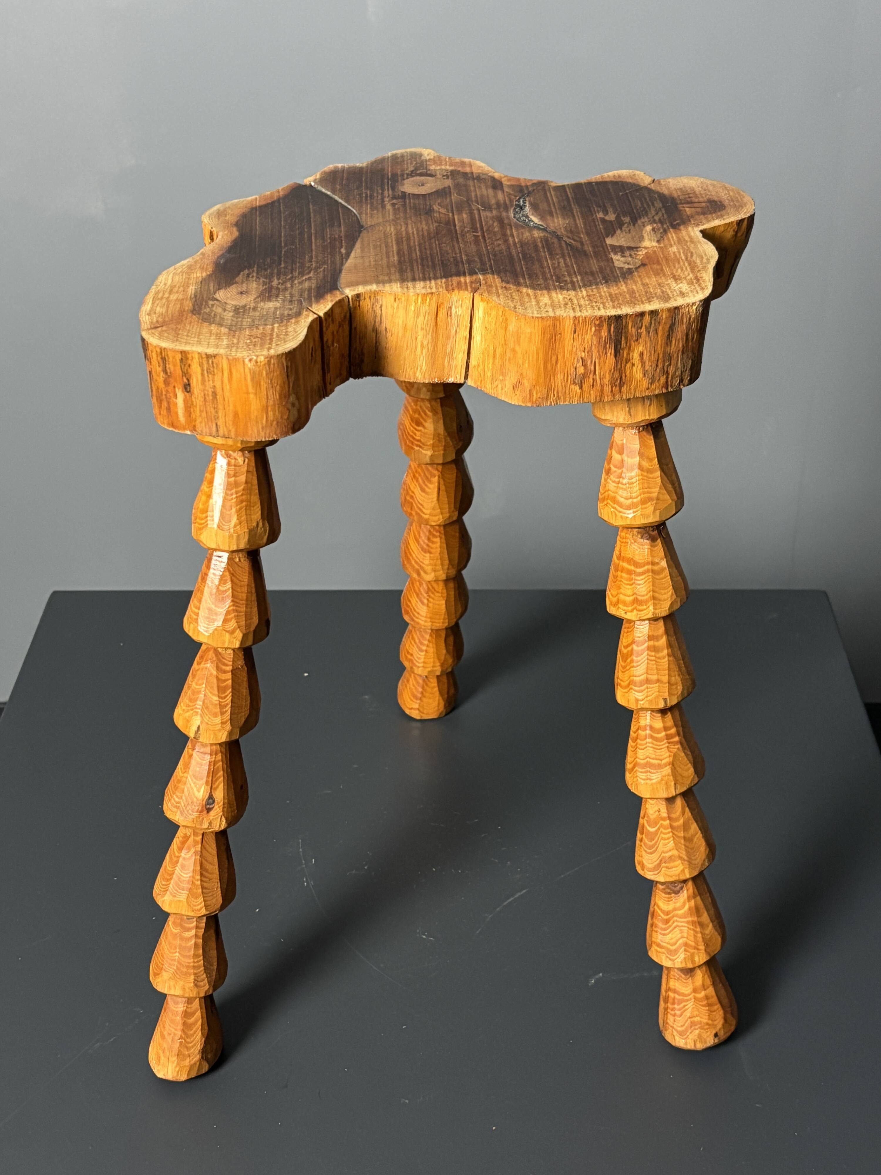 Midcentury brutalist artisanal wood turned handmade tripod stool, ca 1960s
