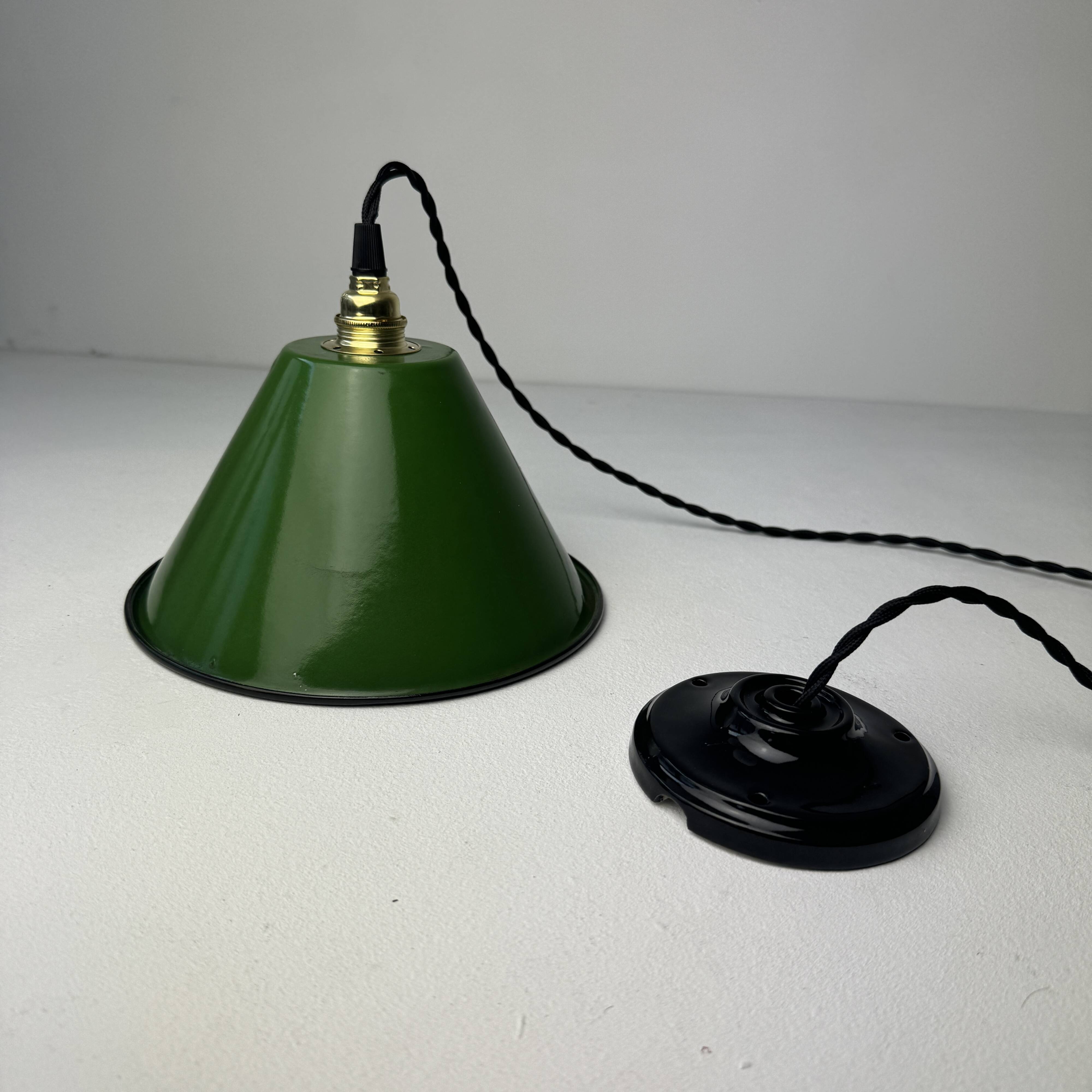 Set of 3 enamelled conical industrial pendants