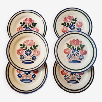 Lot de 6 Assiettes Plates Rustiques en Porcelaine HBCM Mulhouse Motif Printemps avec bord relevé et