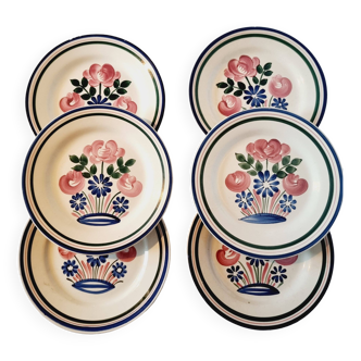 Lot de 6 Assiettes Plates Rustiques en Porcelaine HBCM Mulhouse Motif Printemps avec bord relevé et