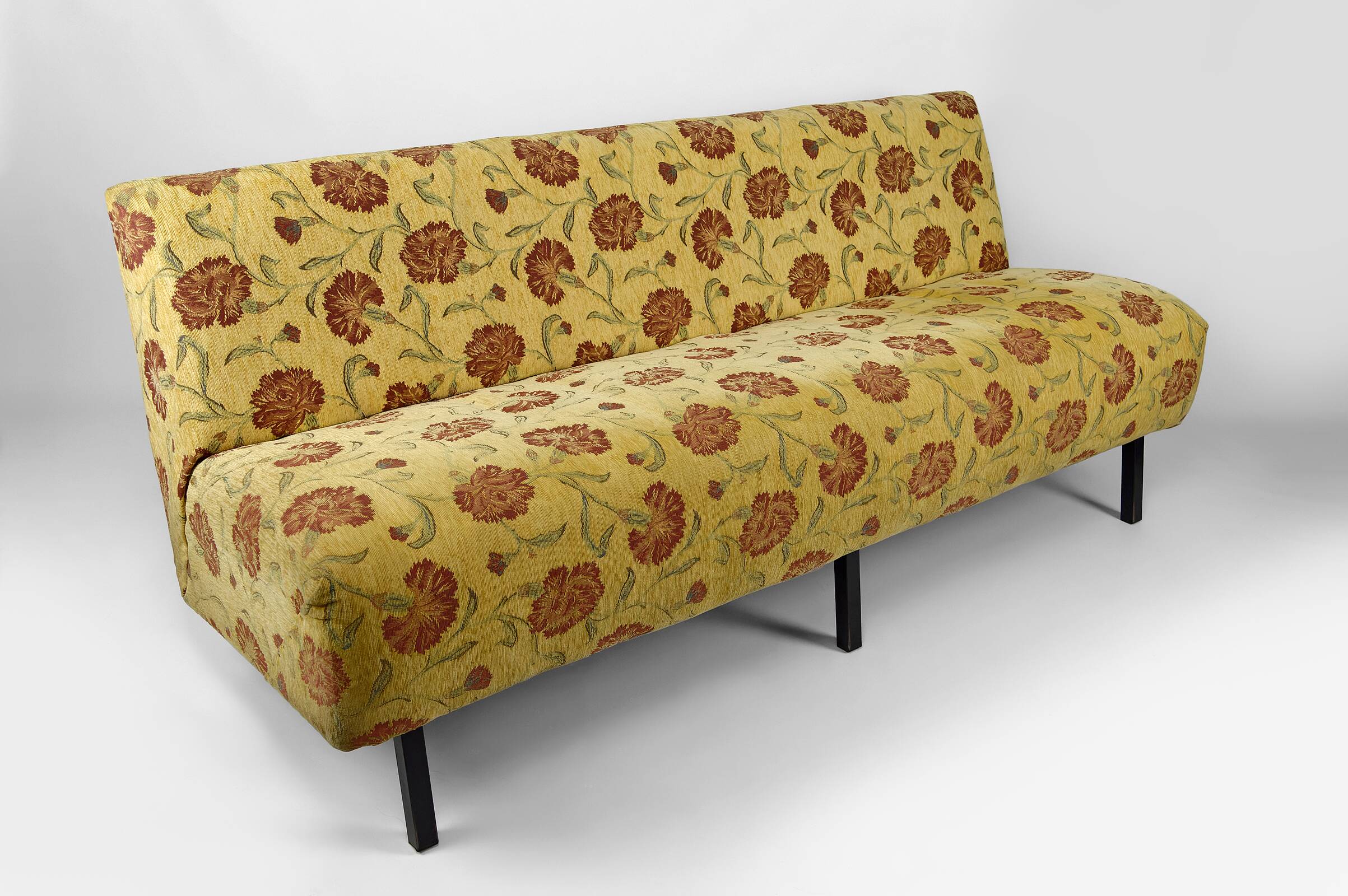 Bench with yellow and red floral fabric, France, circa 1960