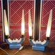 Pair of ceramic and brass office chandeliers