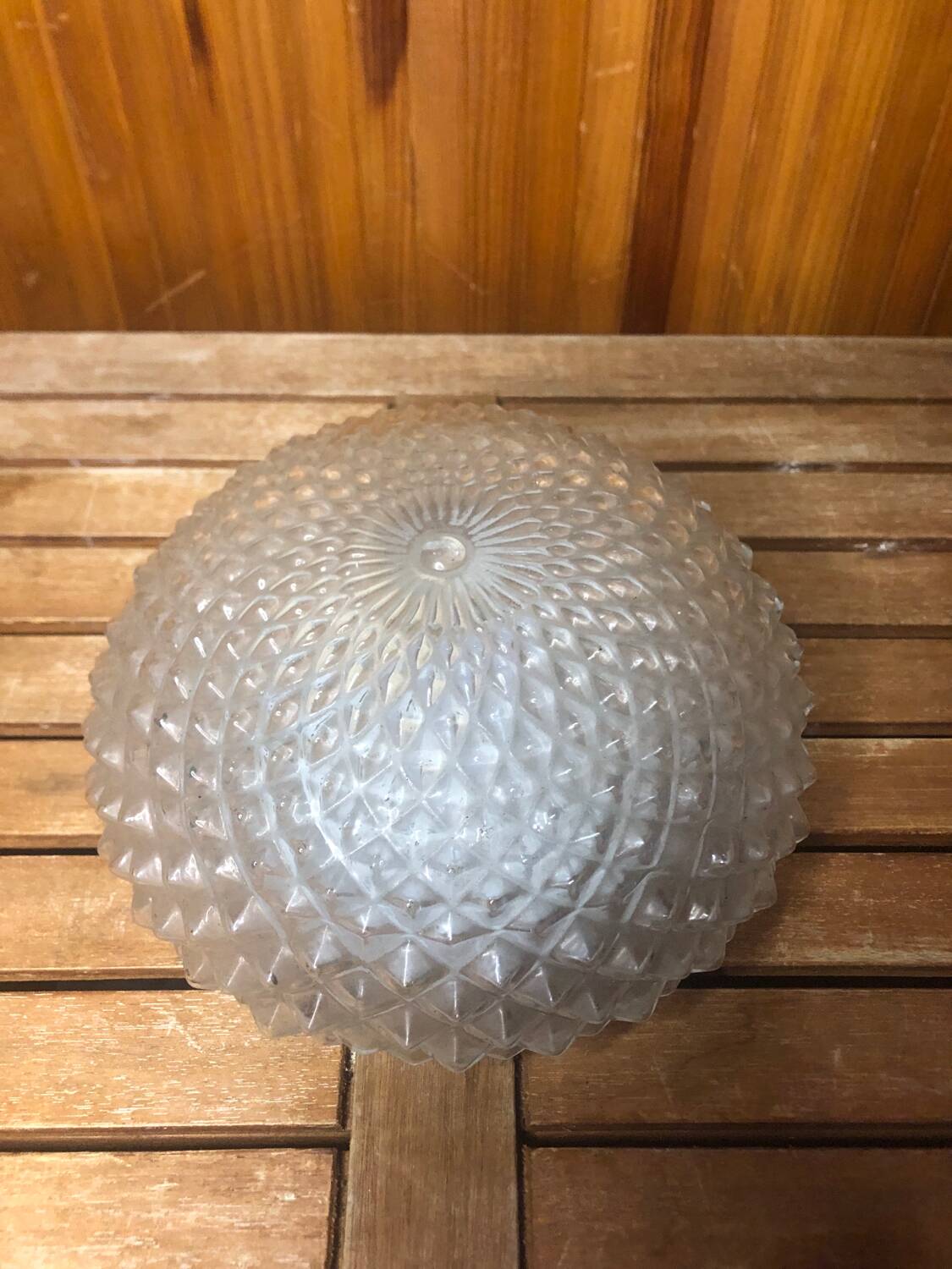 Old molded glass ceiling light + vintage white metal support