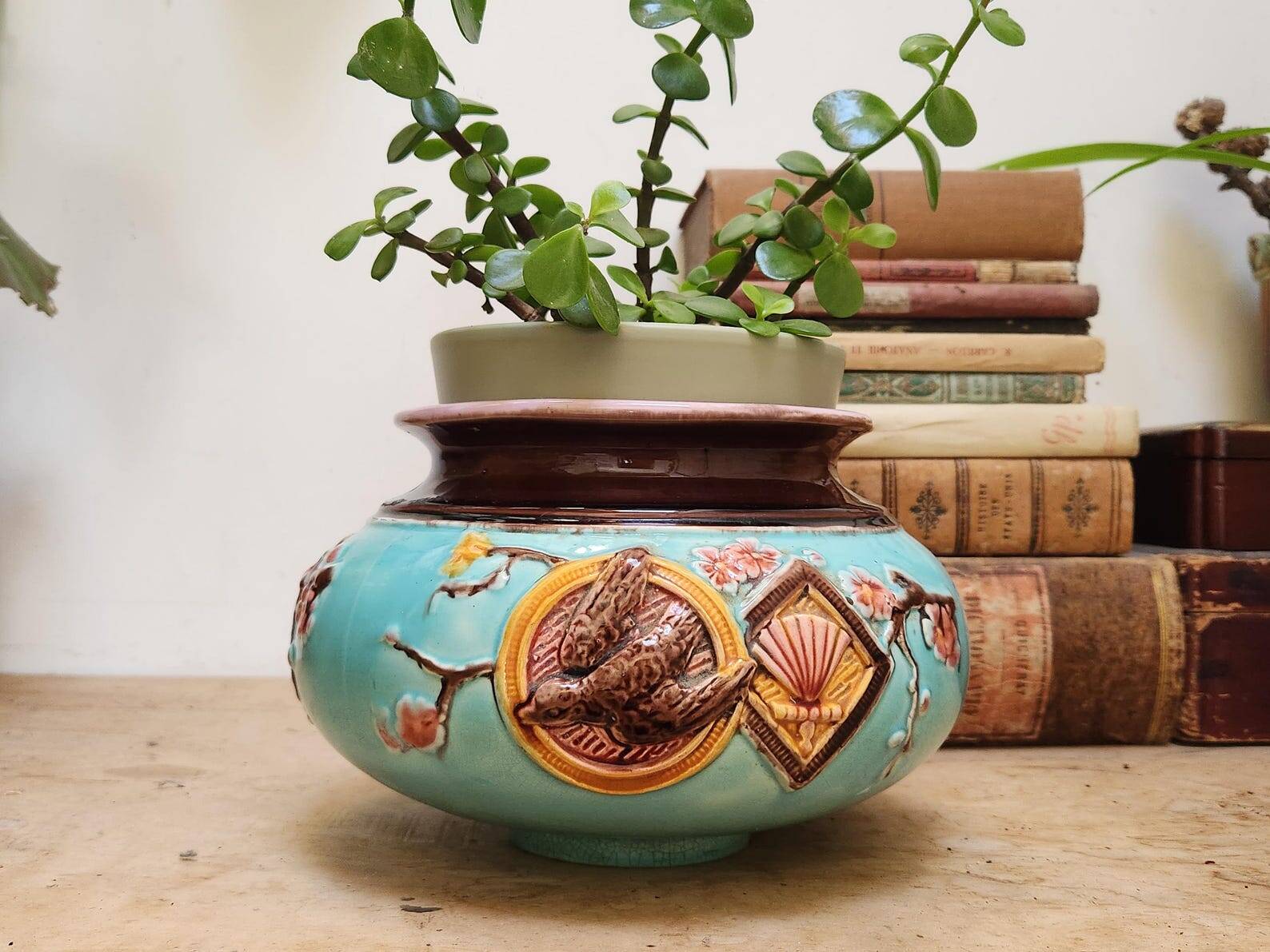 Antique French Barbotine Planter Art Nouveau Japanese Style Bird and Fan