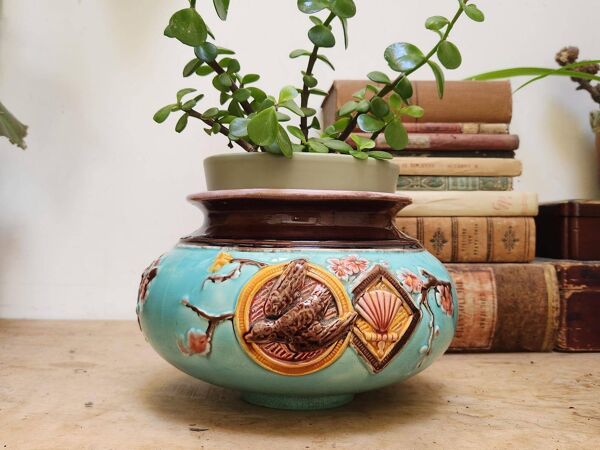Antique Français Jardinière Barbotine Art Nouveau Style Japonais Oiseau et Éventail