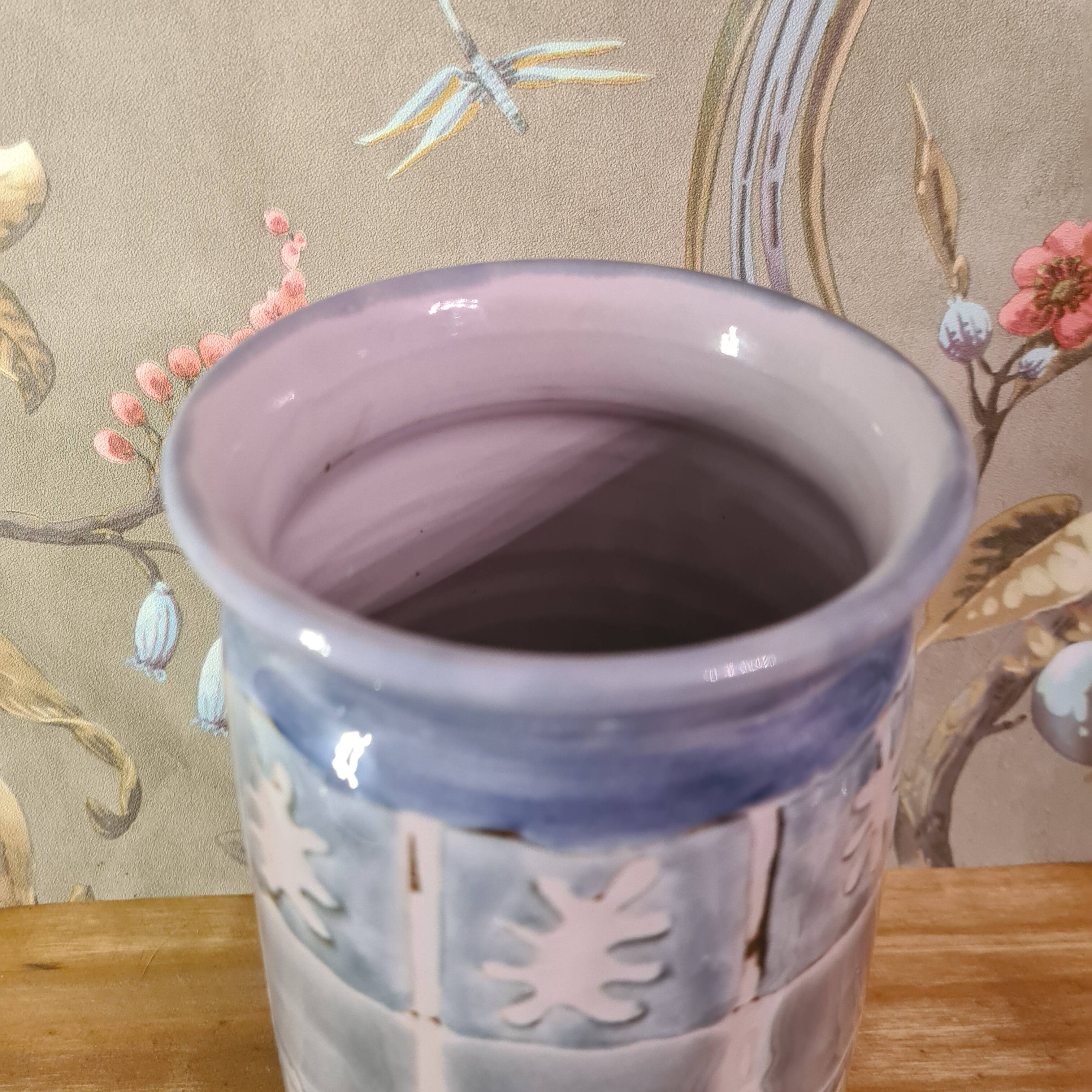 Original vase signed in blue purple glazed terracotta with pink motifs
