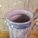 Original vase signed in blue purple glazed terracotta with pink motifs