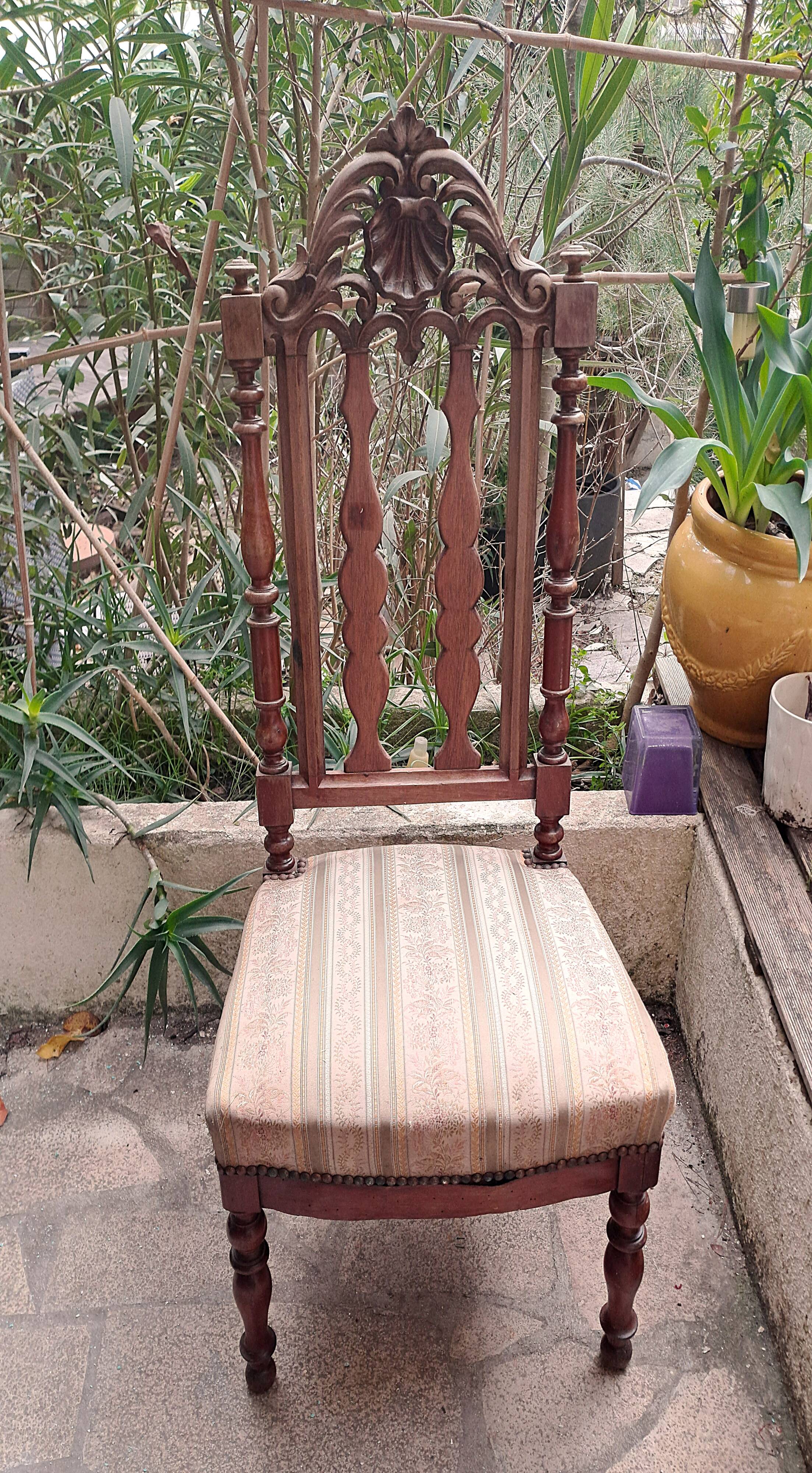 Chaise de Nourrice Napoléon III en  bois foncé vernissé assise tissu rayé 1