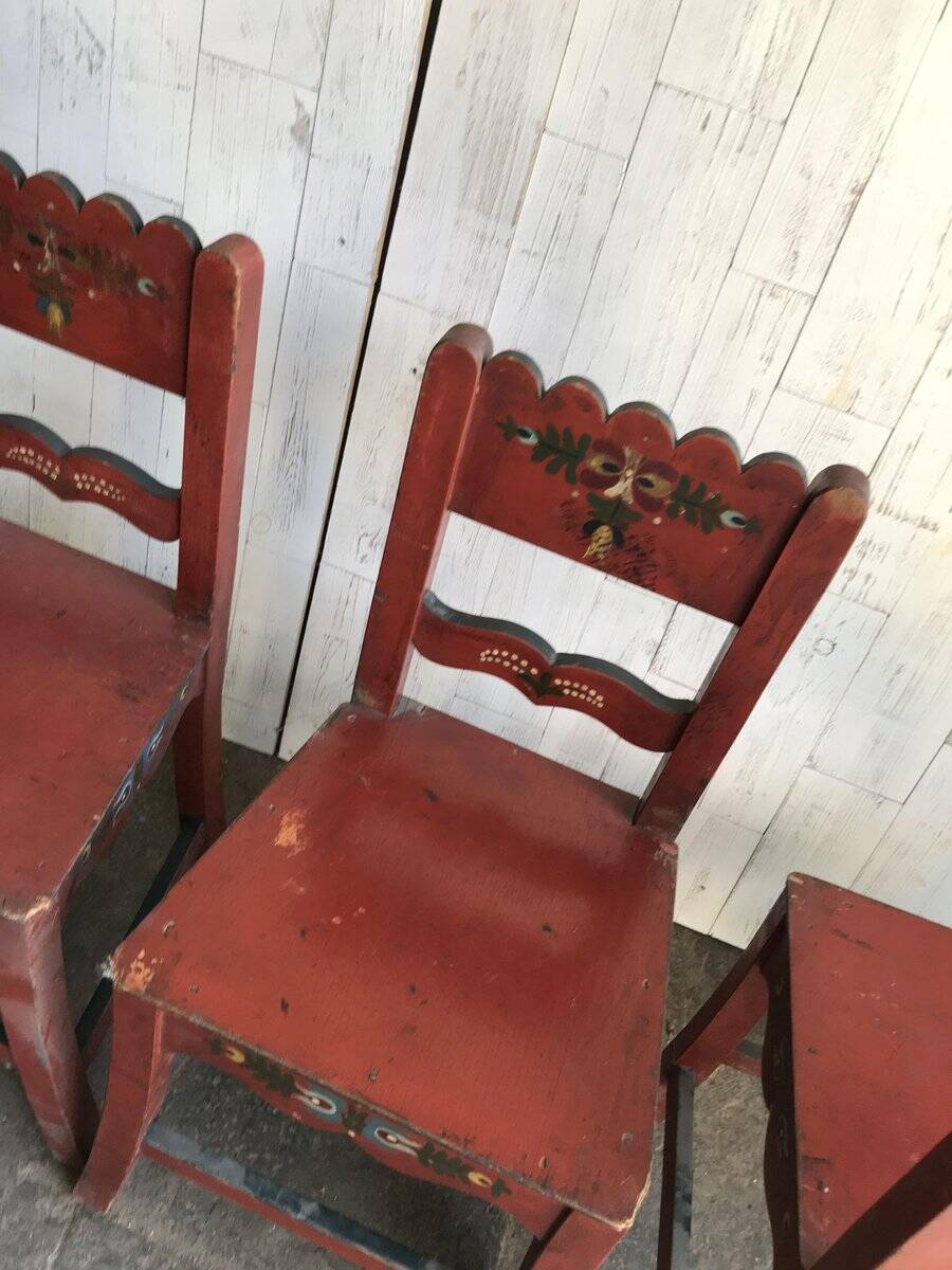 Lot de 4 chaises anciennes en bois peint marron pour salle à manger, décor floral peint main
