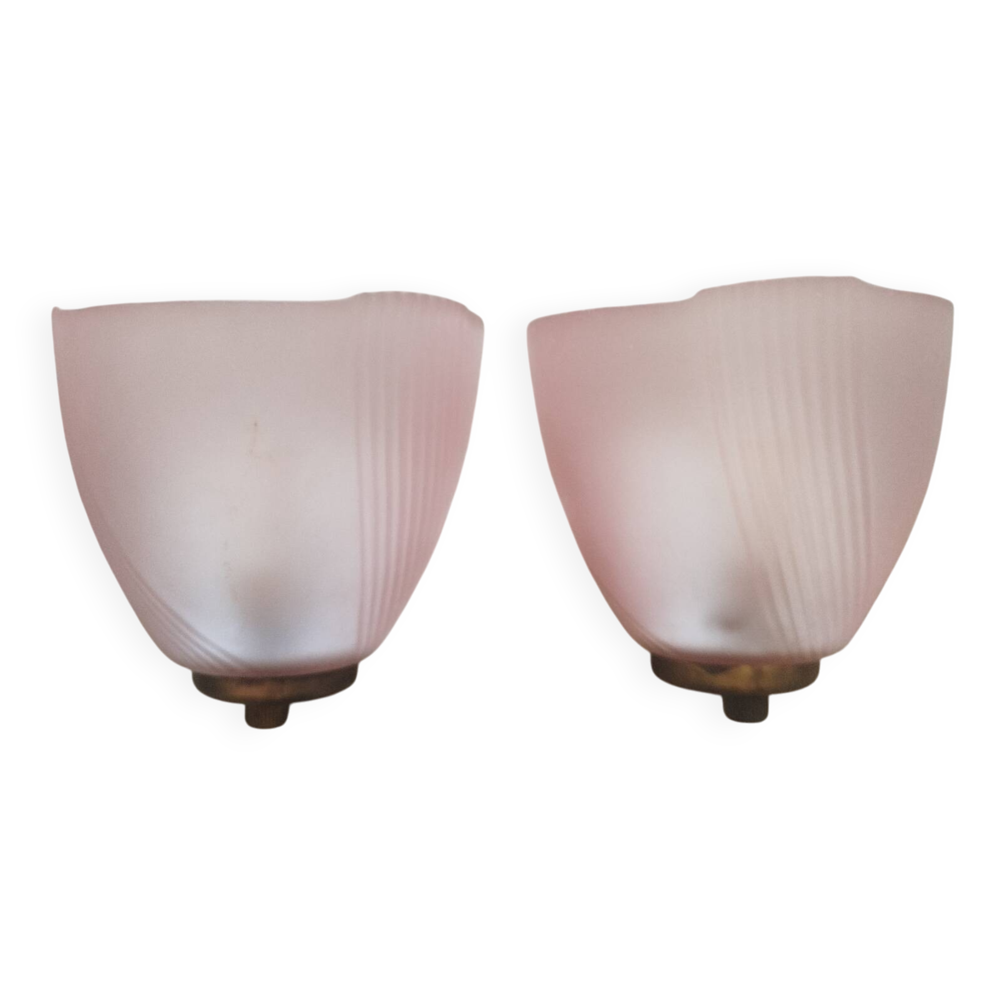 Art Deco wall lights with frosted pink glass and brass.