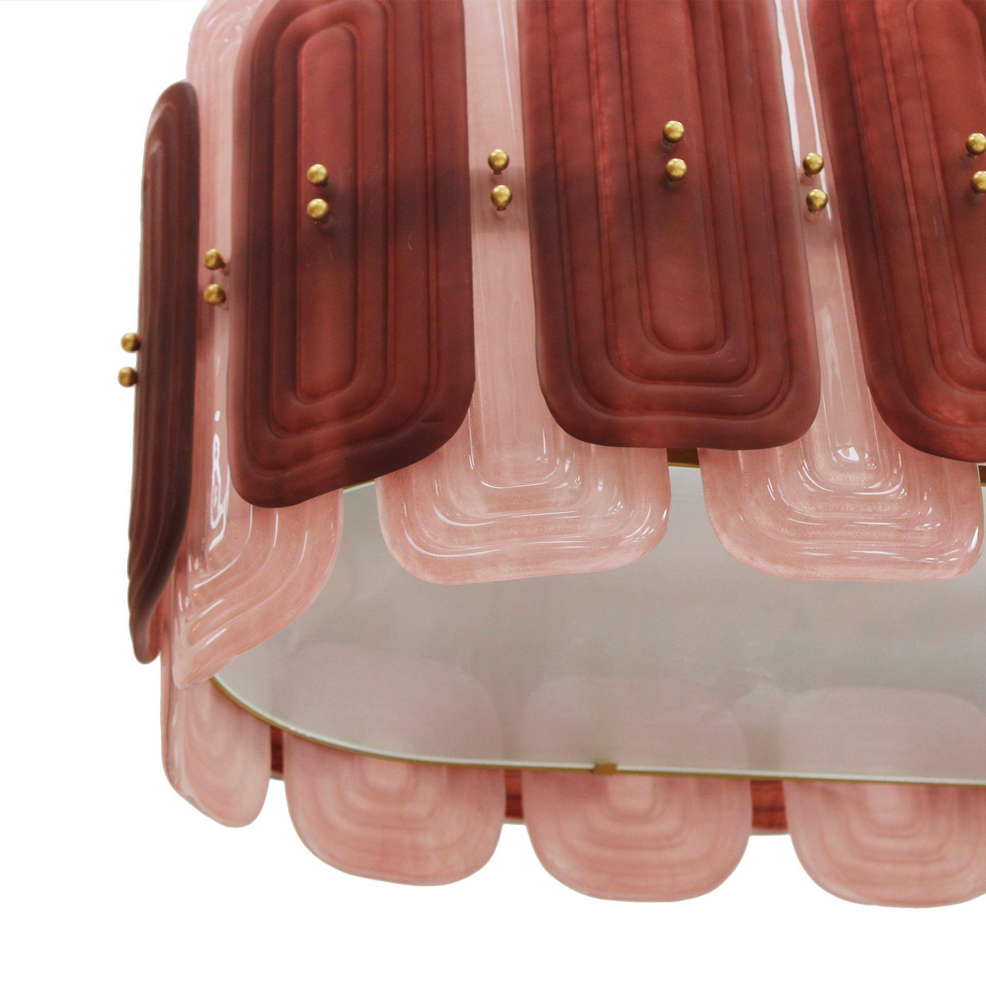 Italian Suspension Lamp with Gold Metal Structure and Red and Pink Murano Glass