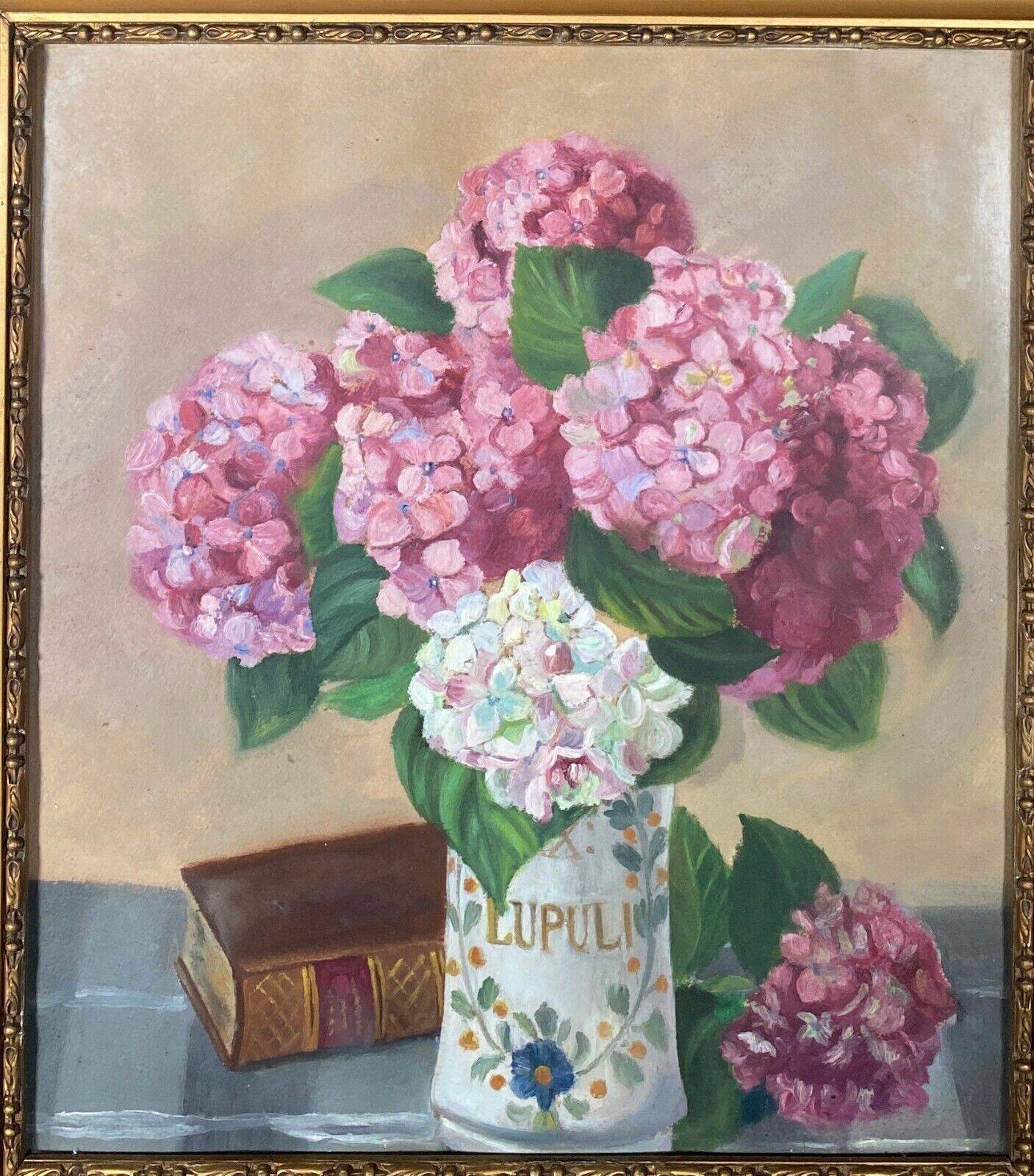 20th century still life watercolor bouquet of hydrangeas in a golden frame