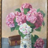 20th century still life watercolor bouquet of hydrangeas in a golden frame