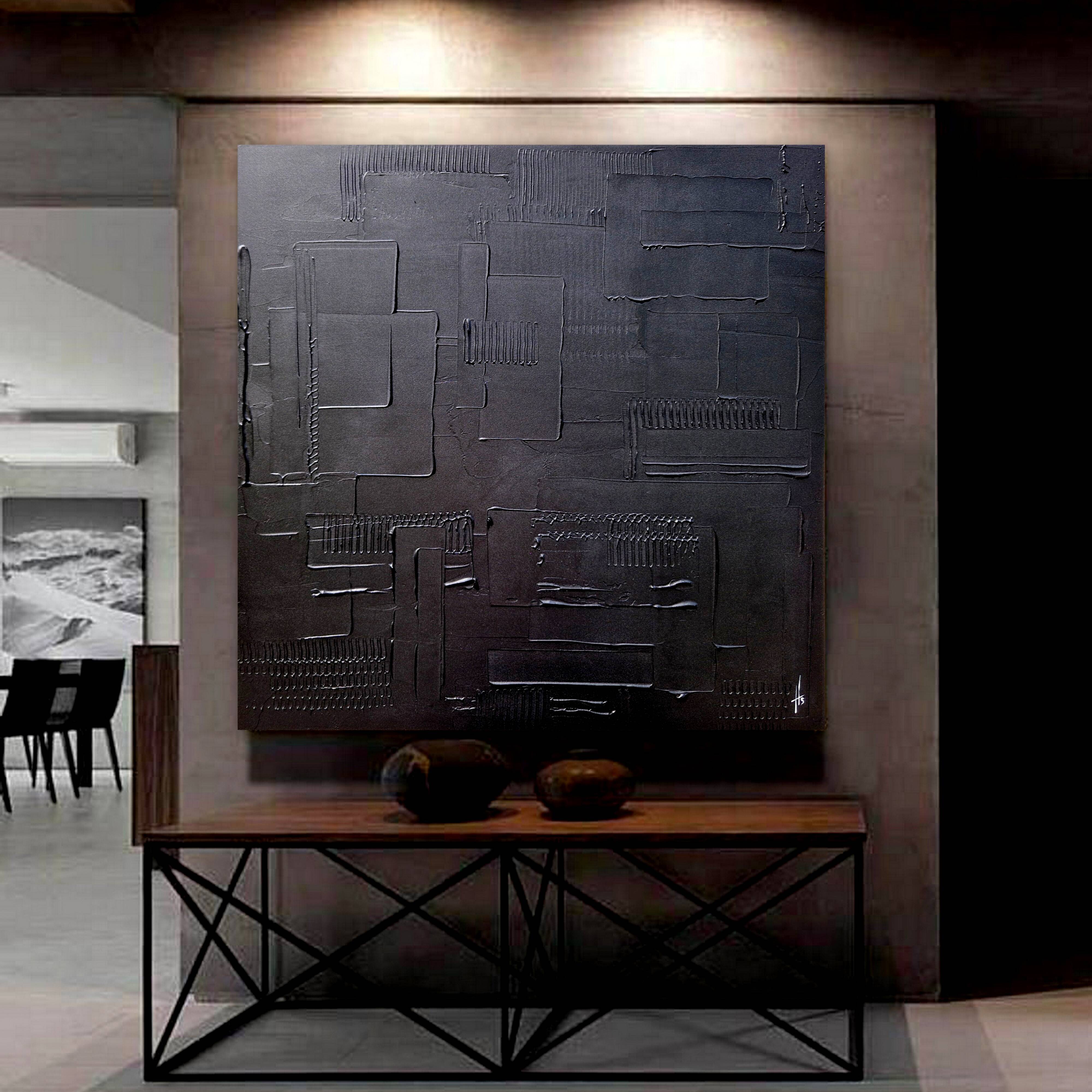 Tableau peinture abstraite monochrome minimaliste noir