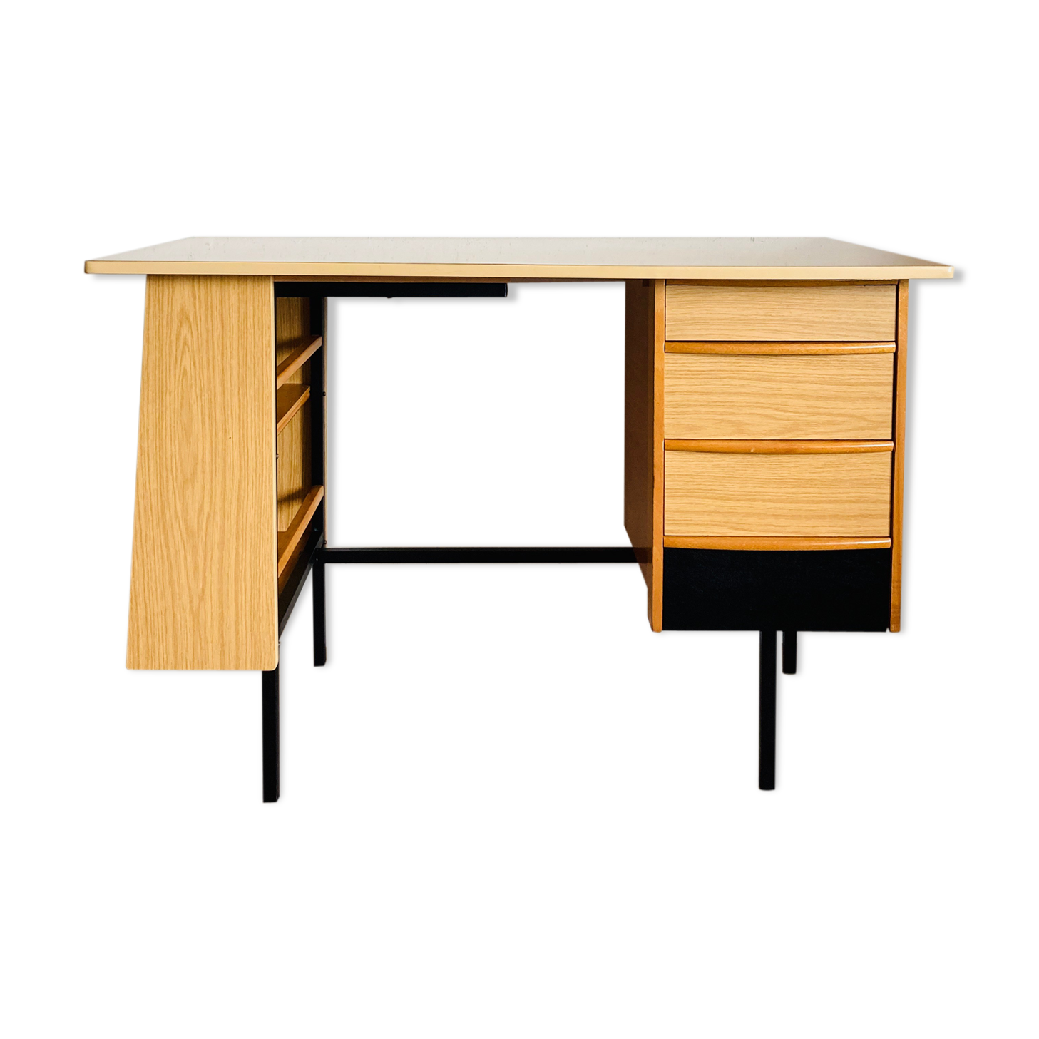 Bureau moderniste métal chêne et formica vintage années 60
