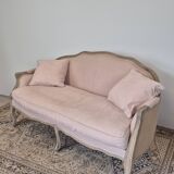 Louis XV style bench sofa in pink fabric and burlap