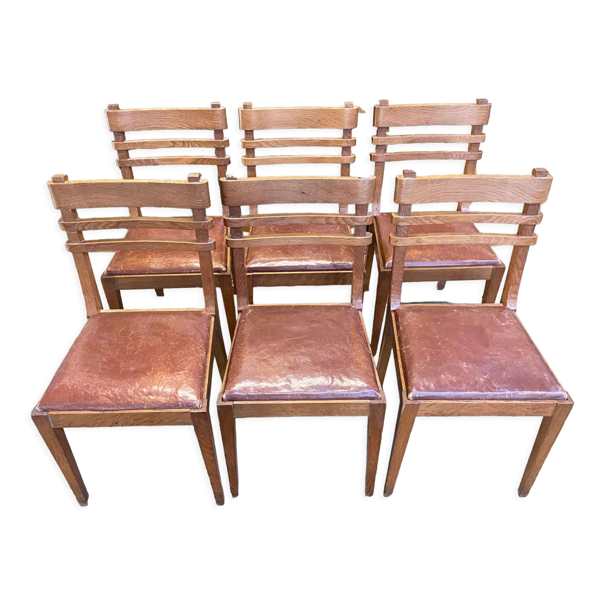 Suite of 6 oak and leather chairs 1950