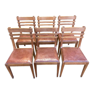 Suite de 6 chaises en chêne et cuir 1950