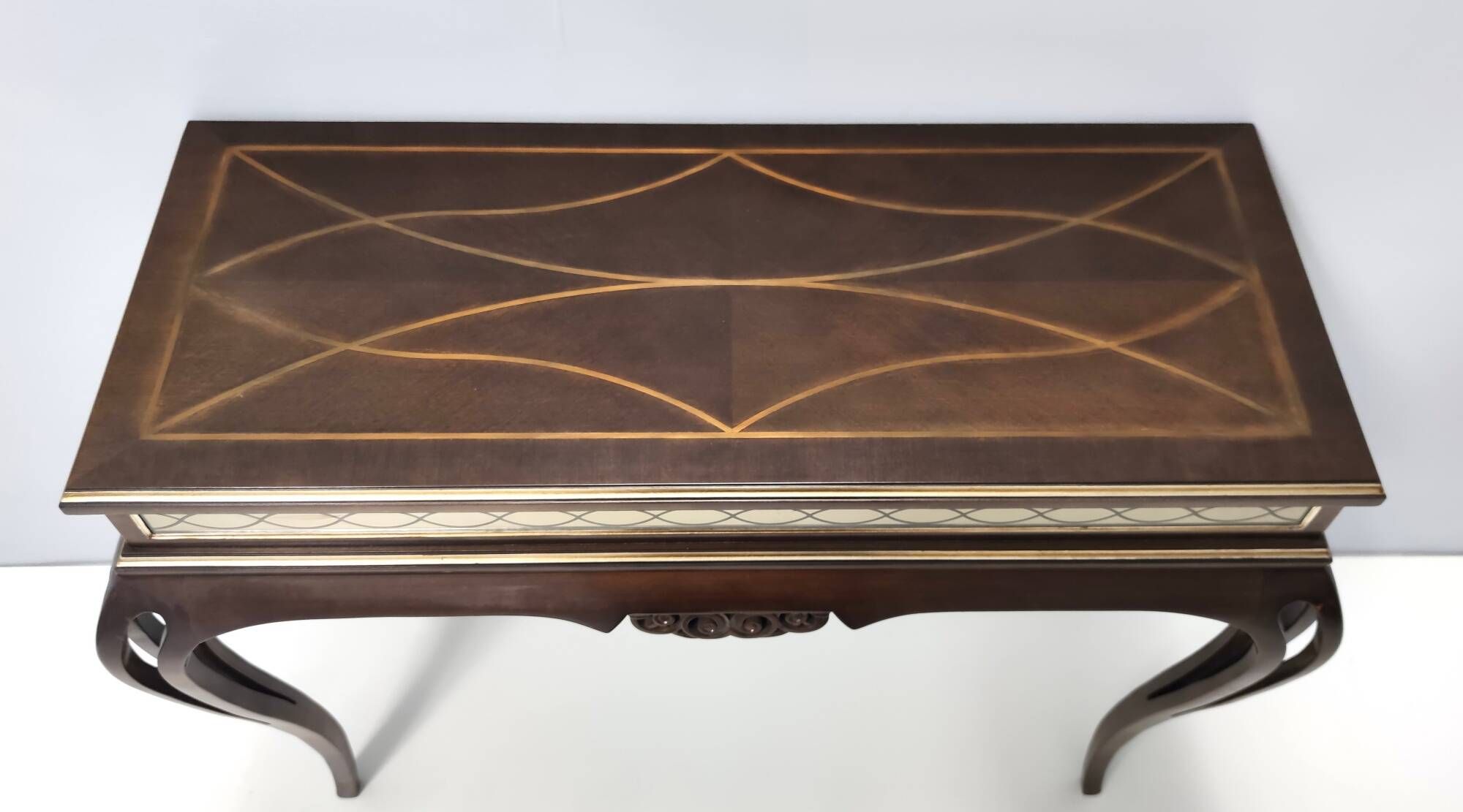 Vintage Rectangular Solid Walnut Console Table with Engraved Mirror Motif, Italy