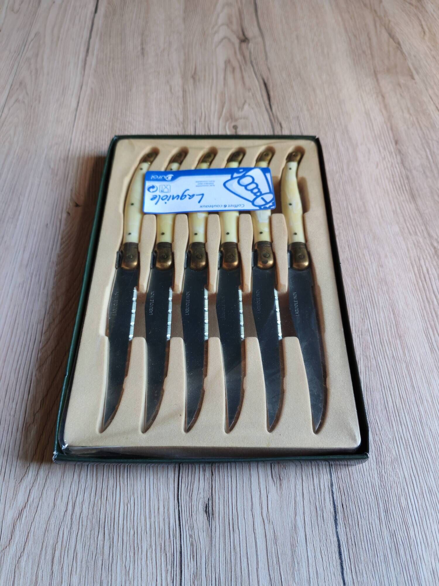 Vintage Box 6 Laguiole Table Knives Ivory Handles Gold Bolsters