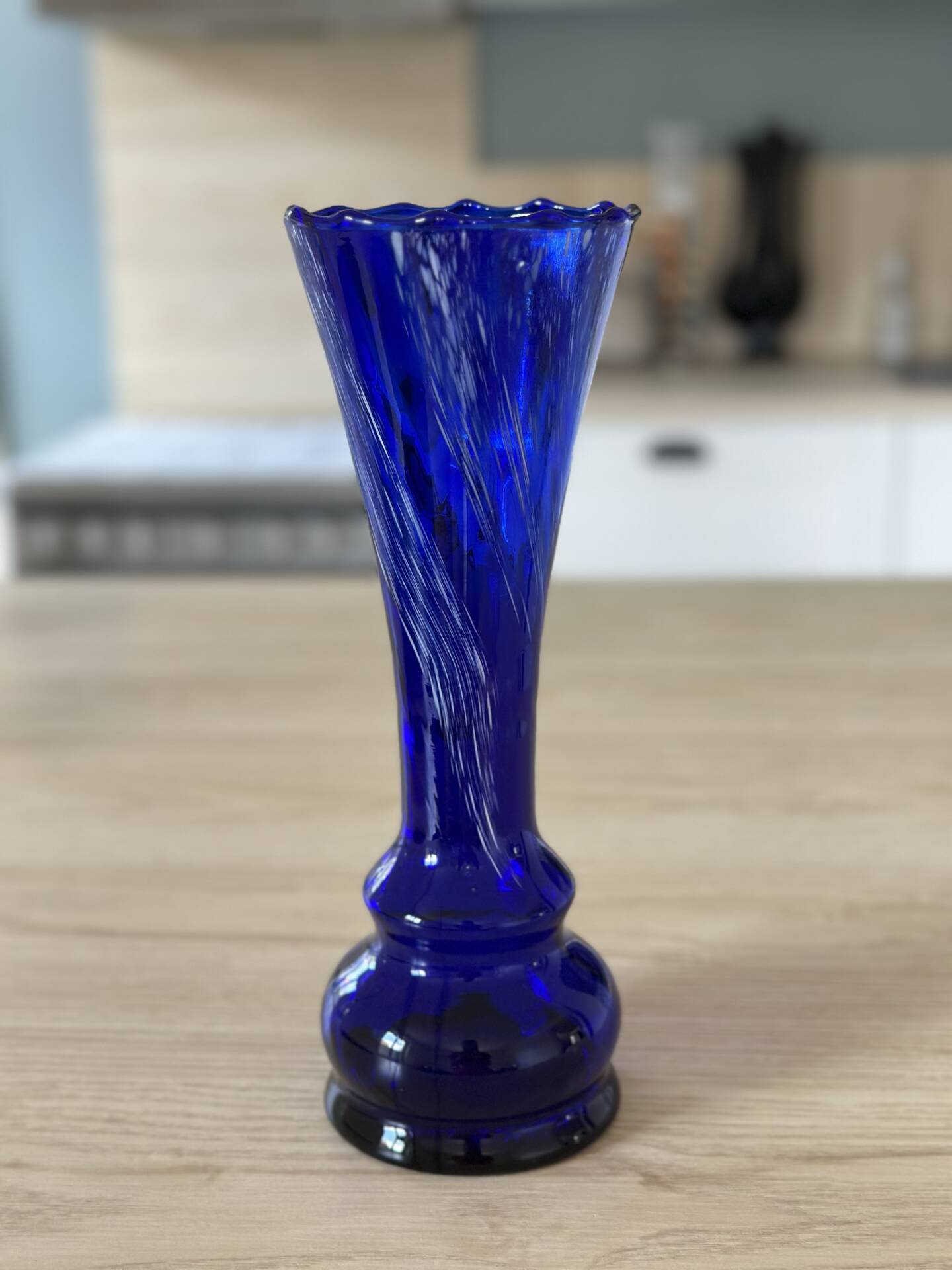 Cobalt blue blown glass vintage artisan vase, handmade, German.