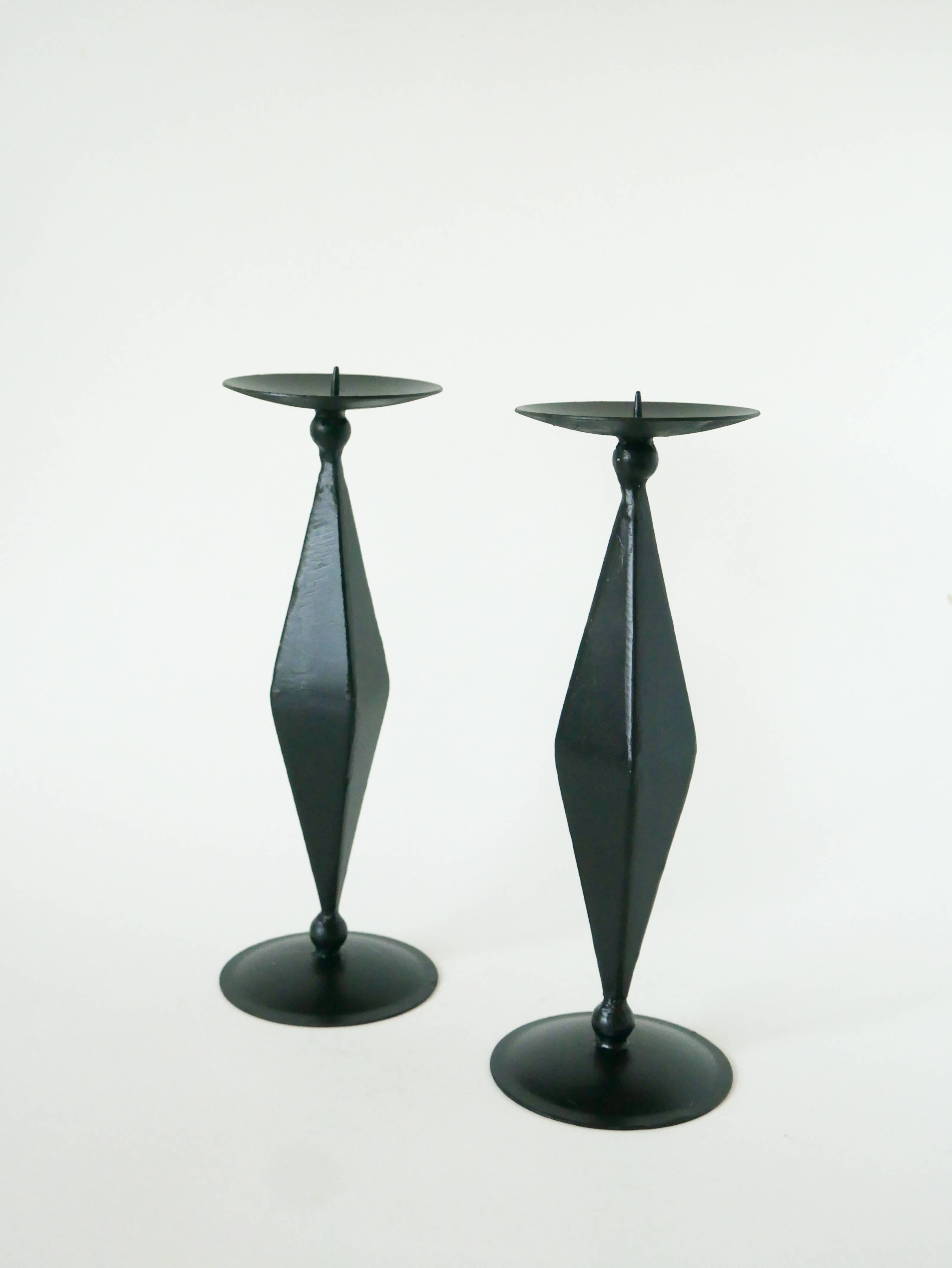 Pair of wooden and wrought iron candlesticks, Sculptural, 1970