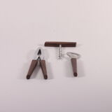 Teak wooden bottle opener, corkscrew and nutcracker set