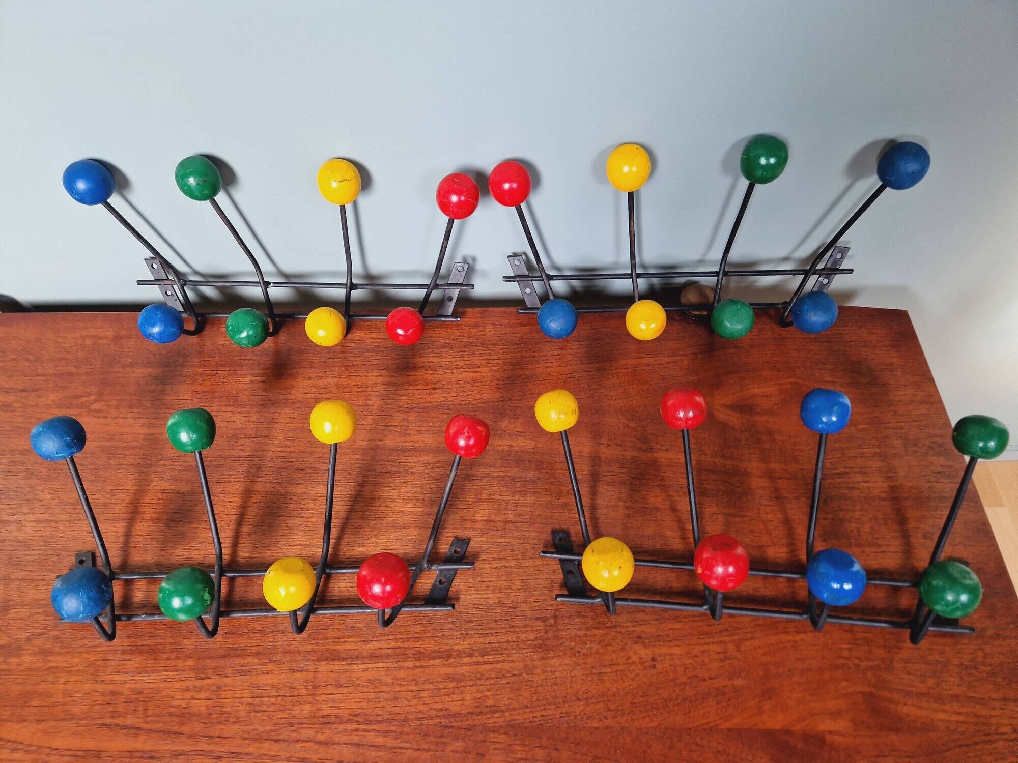 Vintage wall coat rack with 8 hooks in metal and wood (4 available), 1960s