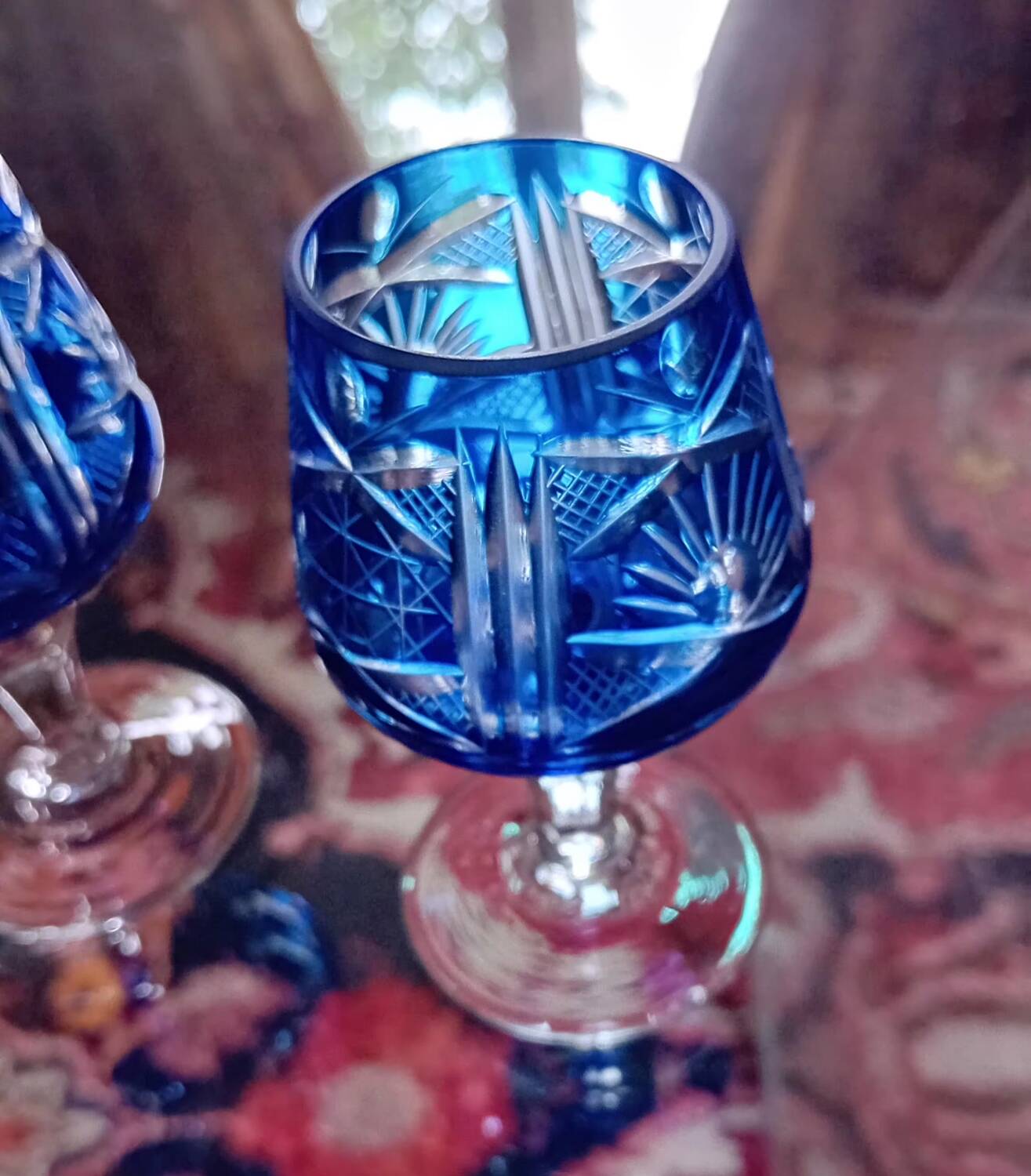 Bohemian blue crystal liqueur glasses