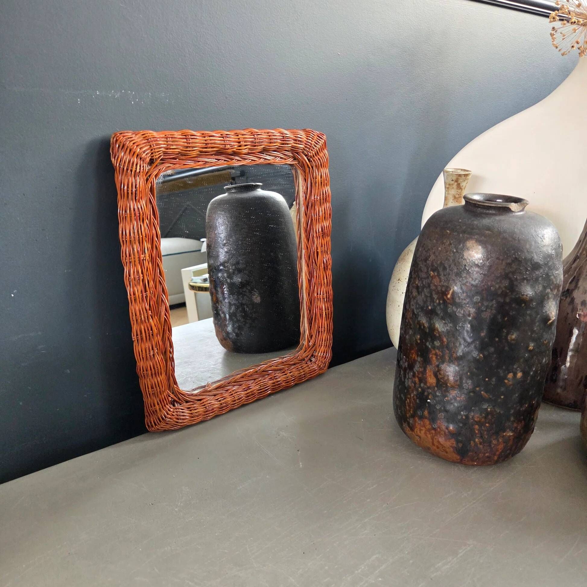 Vintage woven rattan mirror