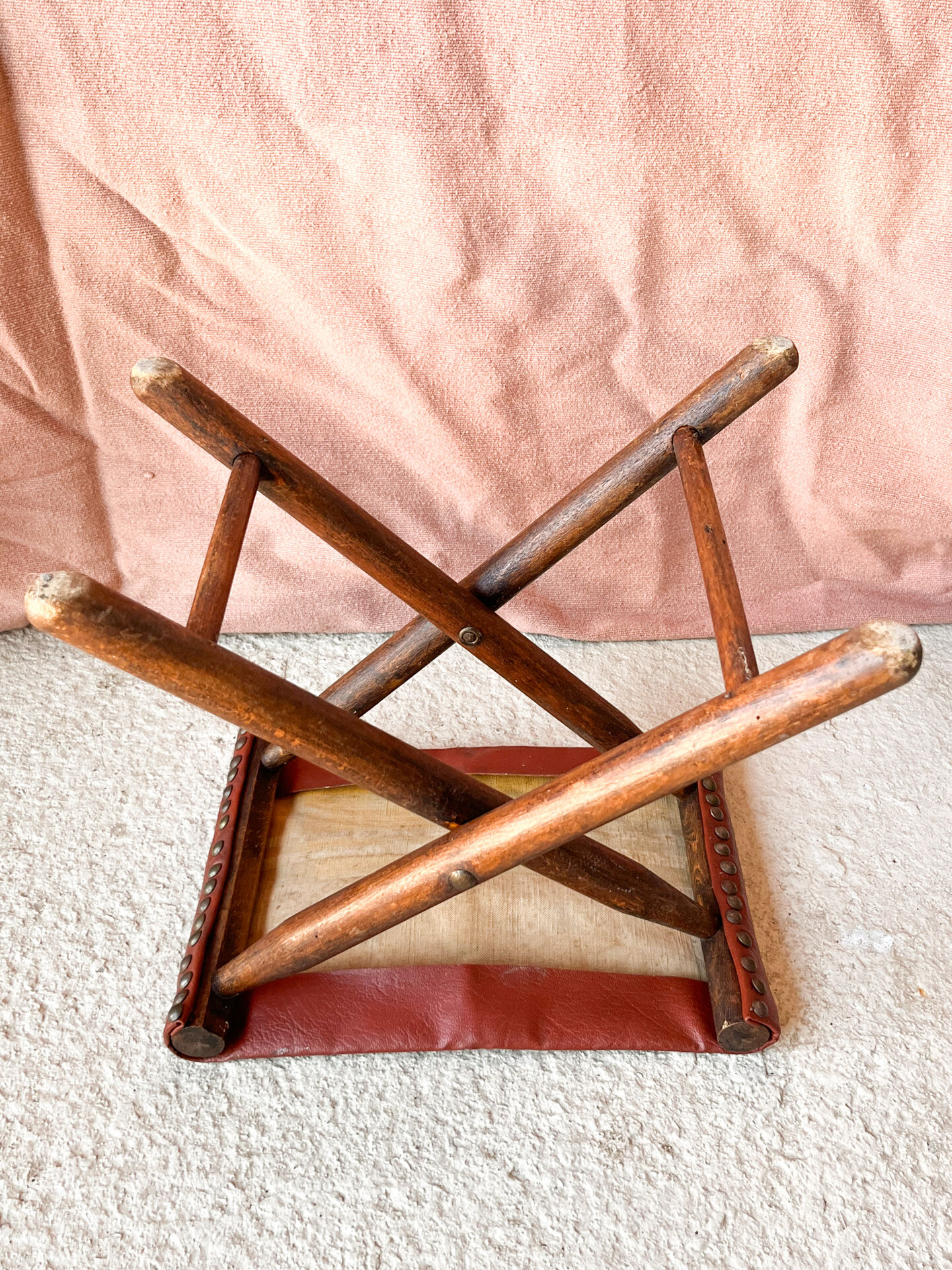 Vintage folding stool Leather & Wood Curule style