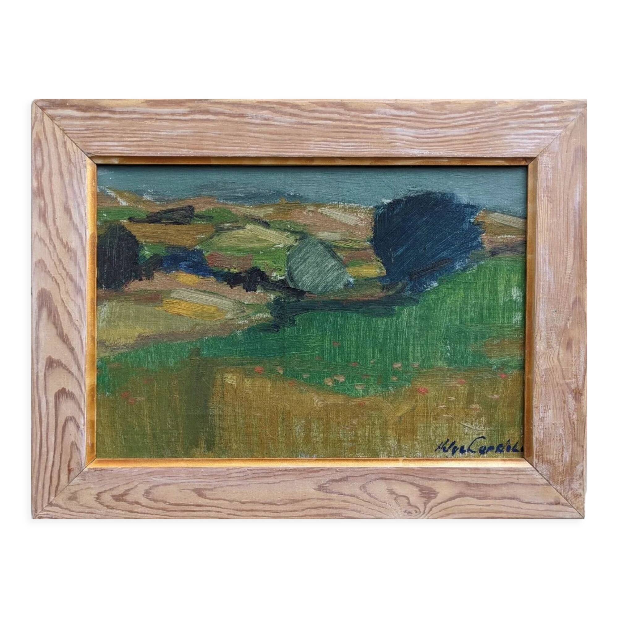 Mid-century modern "the blue tree" vintage expressionist landscape swedish oil painting