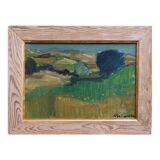 Mid-century modern "the blue tree" vintage expressionist landscape swedish oil painting