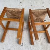 2 square stools in solid wood and straw