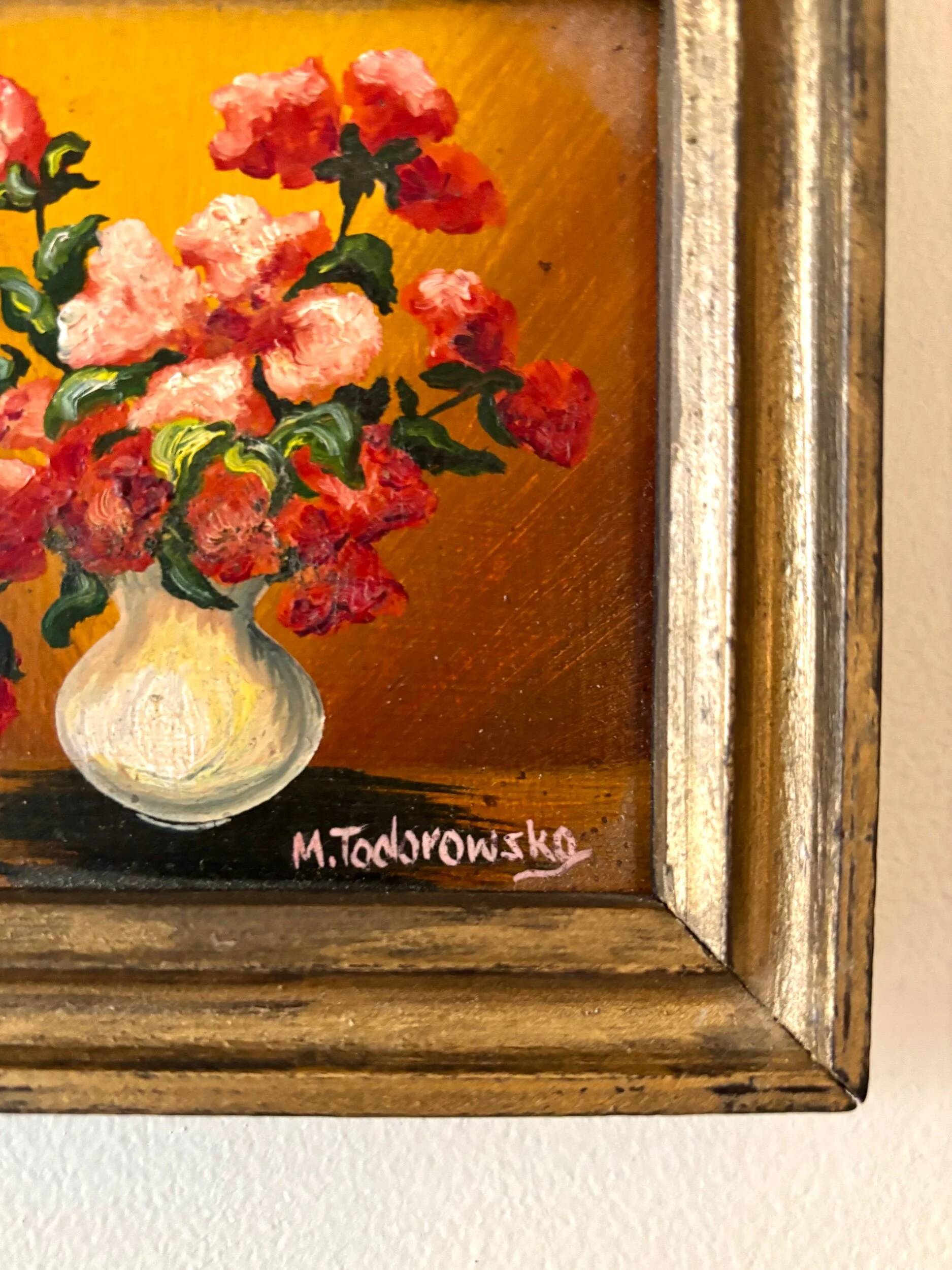 Framed painting on wood - red flowers