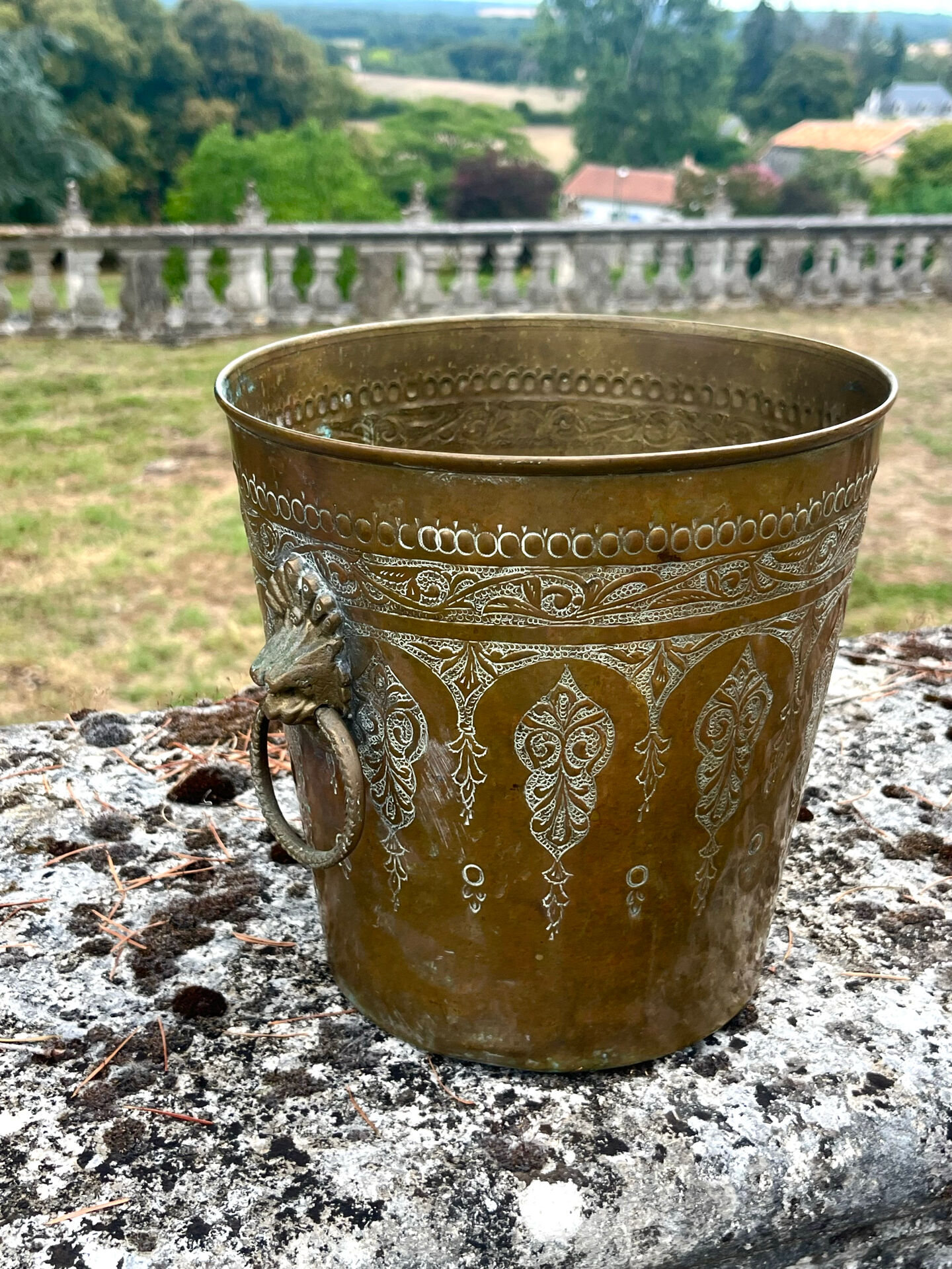 Persian Brass Champagne Bucket, Hand Engraved Ram Head Handles