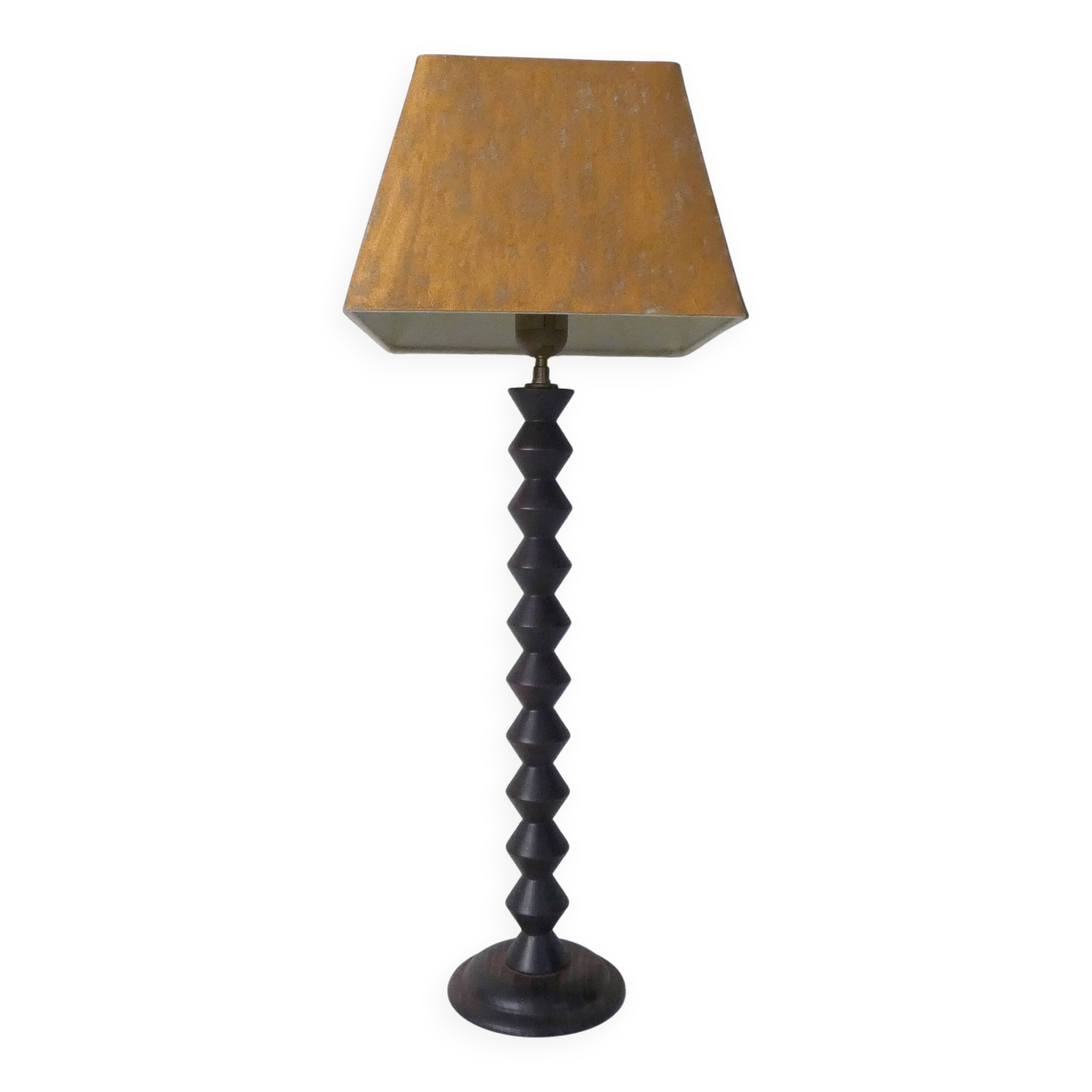 turned wooden lamp with spool base and vintage copper shade