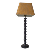 lampe en bois tourné pied bobine abat-jour cuivré vintage