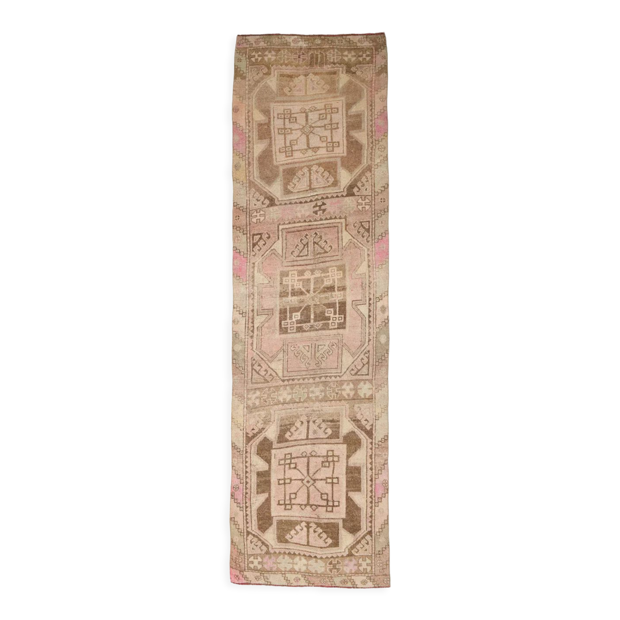 3x12 brown & beige vintage runner rug 100x360cm