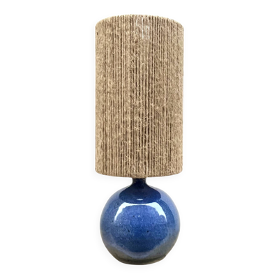 Lampe en grés vintage signée Colette Houtmann 1980 abat-jour corde raphia