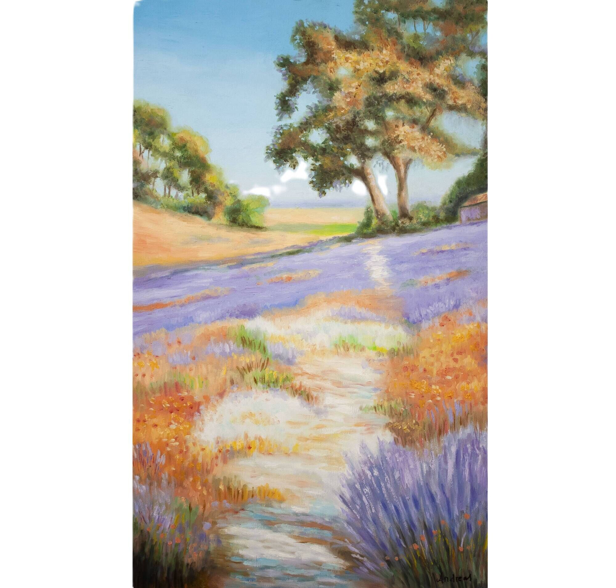 Oil painting on wooden panel, lavender landscape with lilacs and trees.