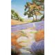 Oil painting on wooden panel, lavender landscape with lilacs and trees.