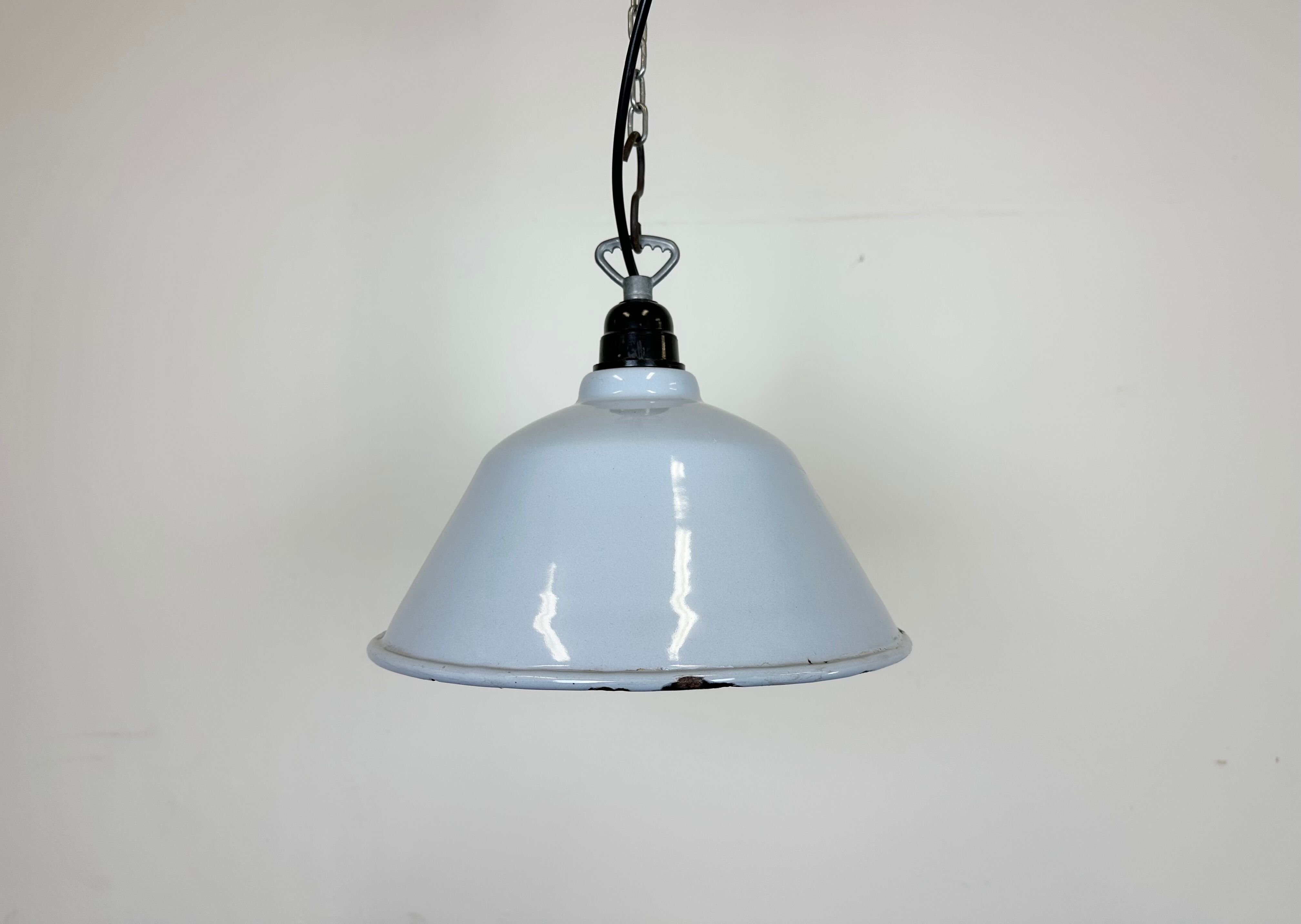 Industrial French Grey Enamel Factory Pendant Lamp, 1960s