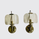 Pair of vintage brass and smoked glass wall lights